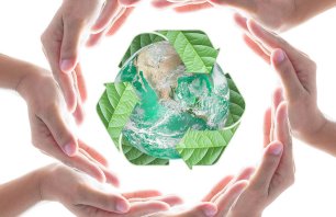 Collaborative human hands protecting green planet with recycle arrow sign leaf isolated on white background: Recycle reduce reuse eco business CSR concept: Element of image furnished by NASA